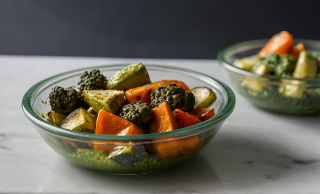 Healthy meal prep for weight loss: Roasted Vegetable Bowls with Pesto in a_modern refrige